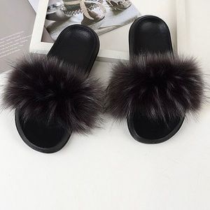 Charcoal and Black Fuzzy Faux Fur Slides Size 40/41 (fits US 8)